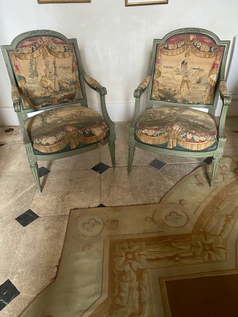 Pair Of Louis XVI Period Armchairs Stamped By Sené, Upholstered In Aubusson Tapestry-photo-5