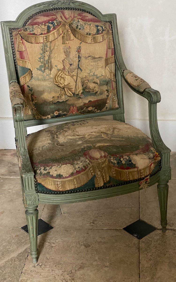 Pair Of Louis XVI Period Armchairs Stamped By Sené, Upholstered In Aubusson Tapestry-photo-6