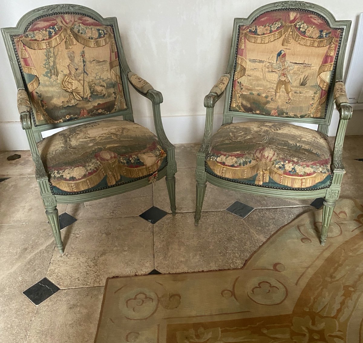 Pair Of Louis XVI Period Armchairs Stamped By Sené, Upholstered In Aubusson Tapestry