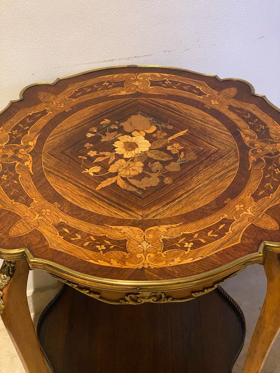 19th Century Pedestal Table With Louis XV Style Floral Marquetry Decor -photo-2