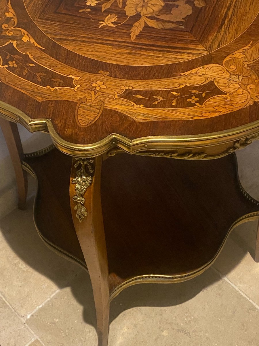 19th Century Pedestal Table With Louis XV Style Floral Marquetry Decor -photo-4