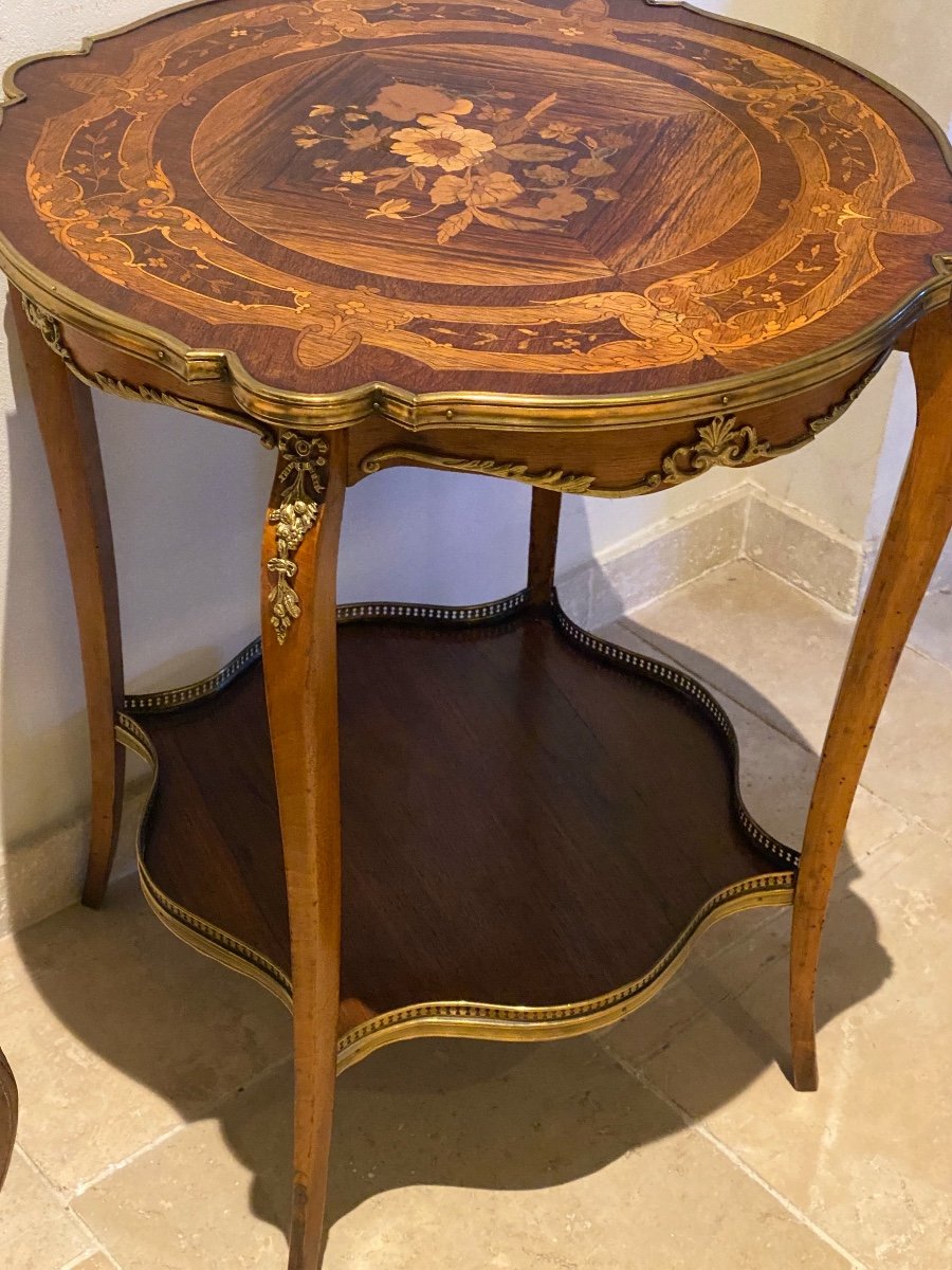 19th Century Pedestal Table With Louis XV Style Floral Marquetry Decor -photo-3