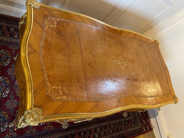 Late 19 Th   Louis XV Style Desk In Rosewood Havana Leather Top-photo-2