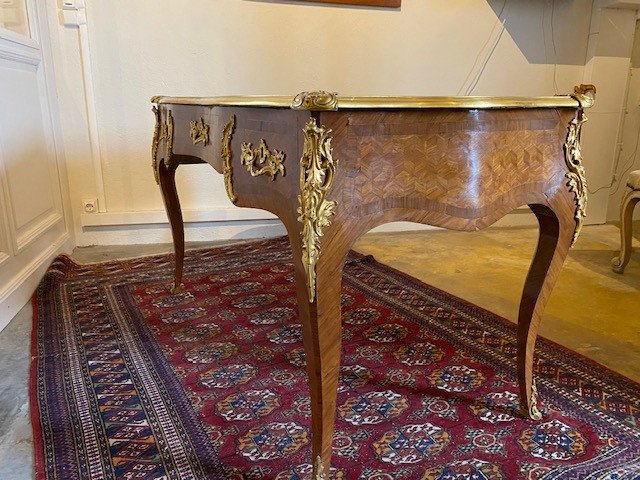 Late 19 Th   Louis XV Style Desk In Rosewood Havana Leather Top-photo-4