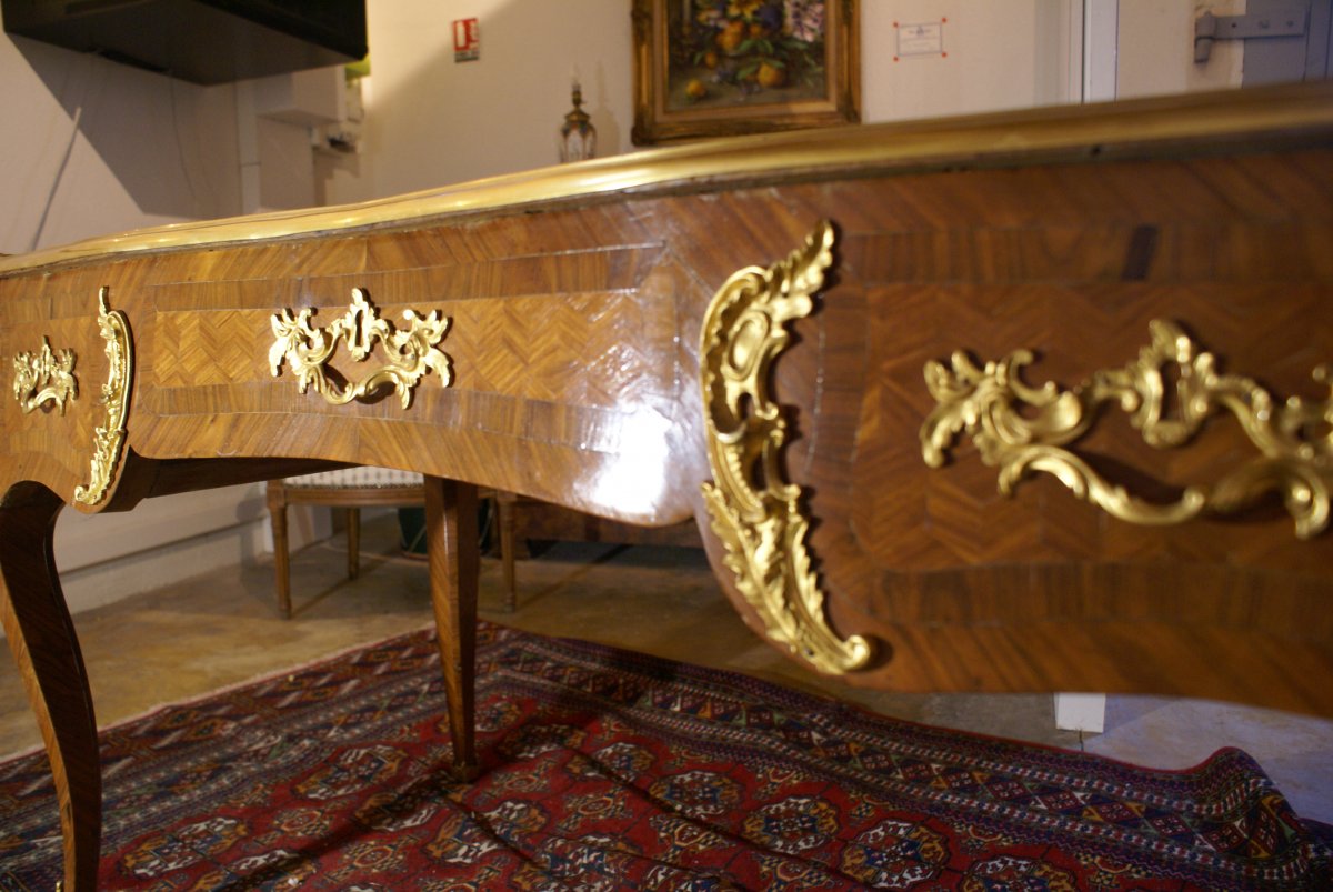 Late 19 Th   Louis XV Style Desk In Rosewood Havana Leather Top-photo-6