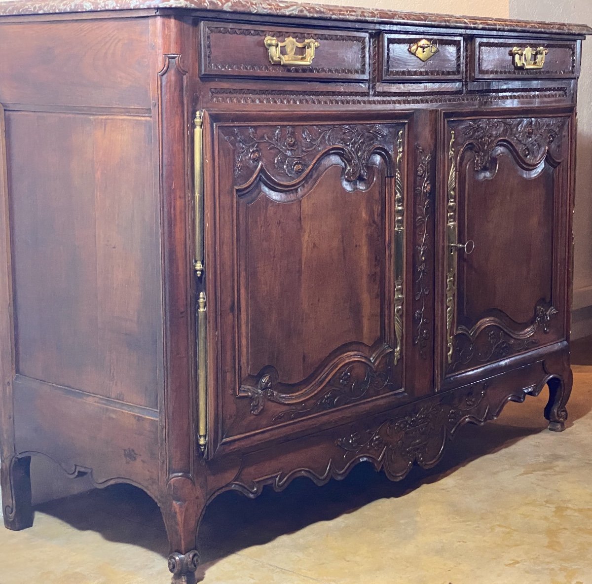 Buffet  Louis XV    Dessus  Marbre Griotte Rouge   Ouvrant   A Deux  Vantaux  -photo-2