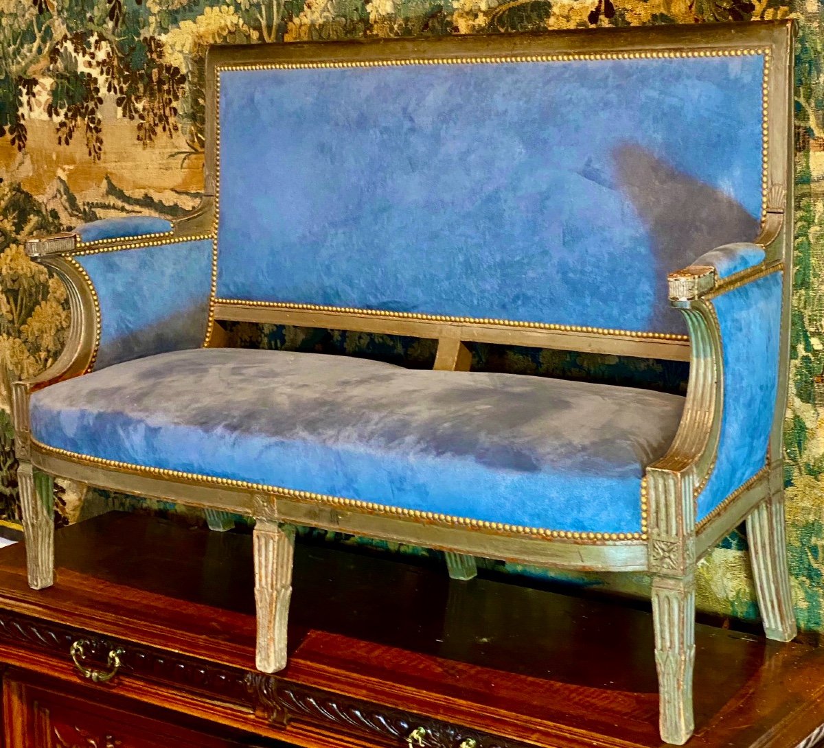Period Consulate Sofa Dark Green Patina Covered In Royal Blue Velvet-photo-6