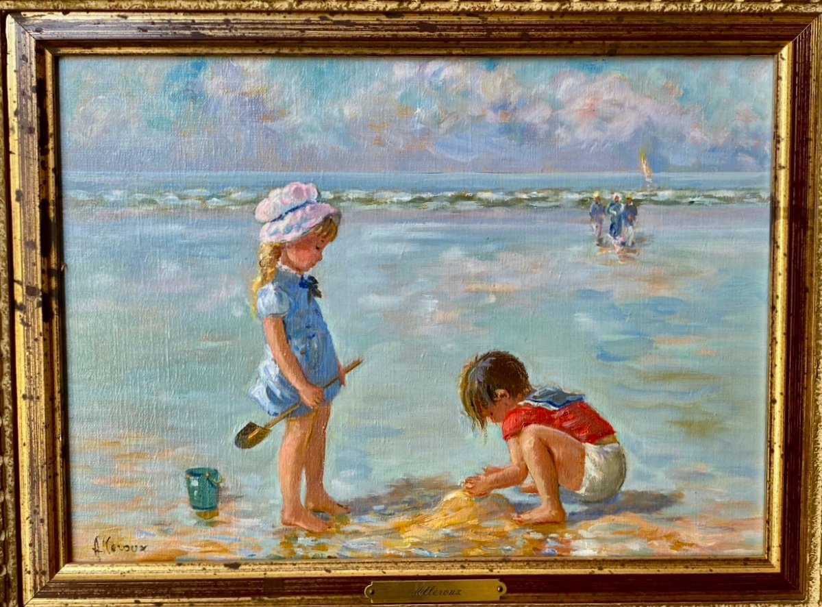 Les Enfants   à  la plage     Tableau  Par   Jean   Alleroux   Dans Un Cadre En Bois Sculpté -photo-2