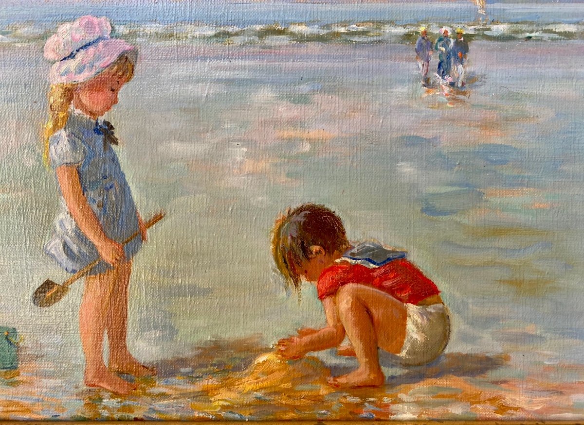 Les Enfants   à  la plage     Tableau  Par   Jean   Alleroux   Dans Un Cadre En Bois Sculpté -photo-4