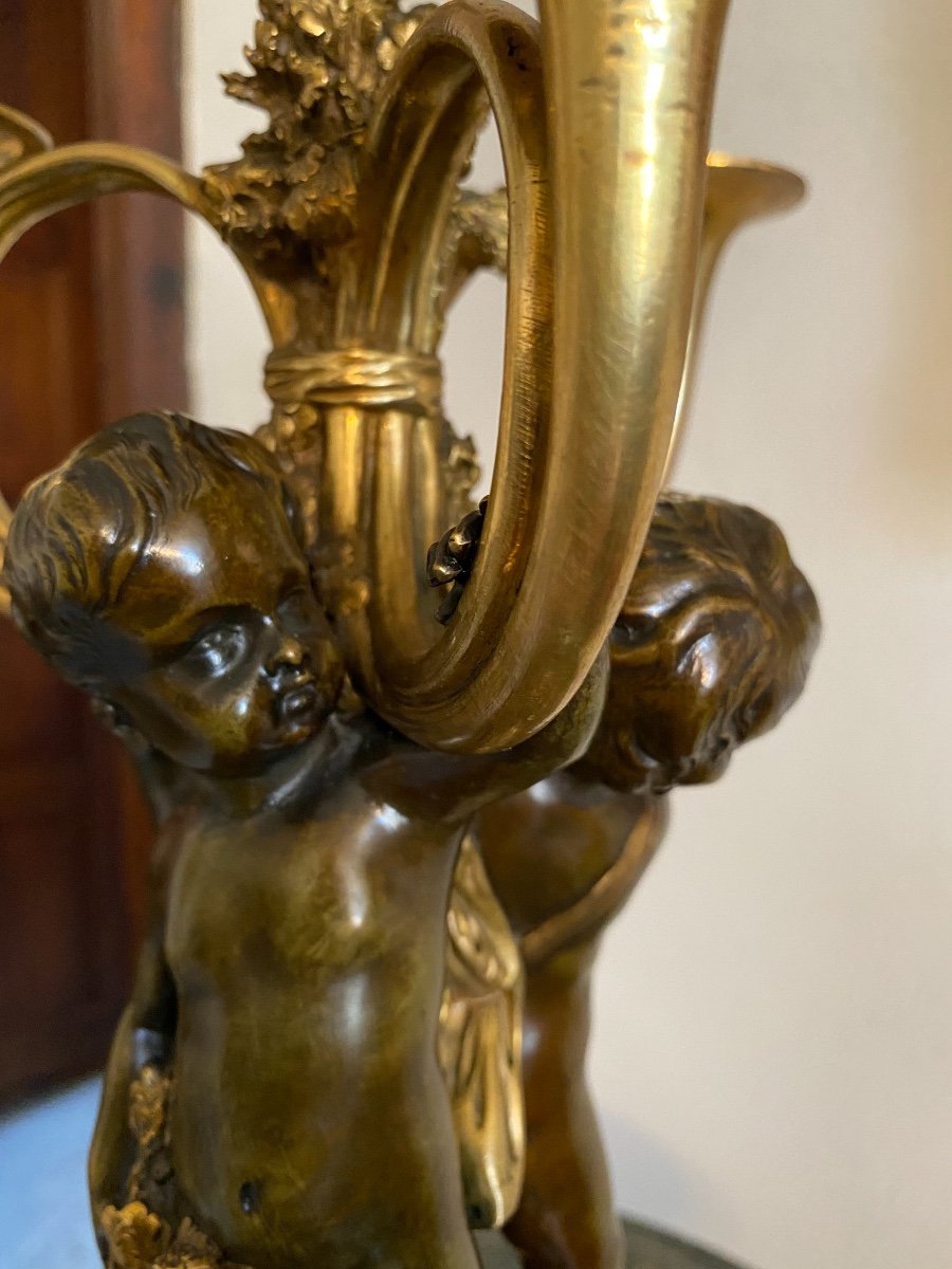 Flambeau   De 3 Putti & Corps De Chasse  Bronze   19 Eme     H: 36 Cm   Style  Lxvi -photo-3