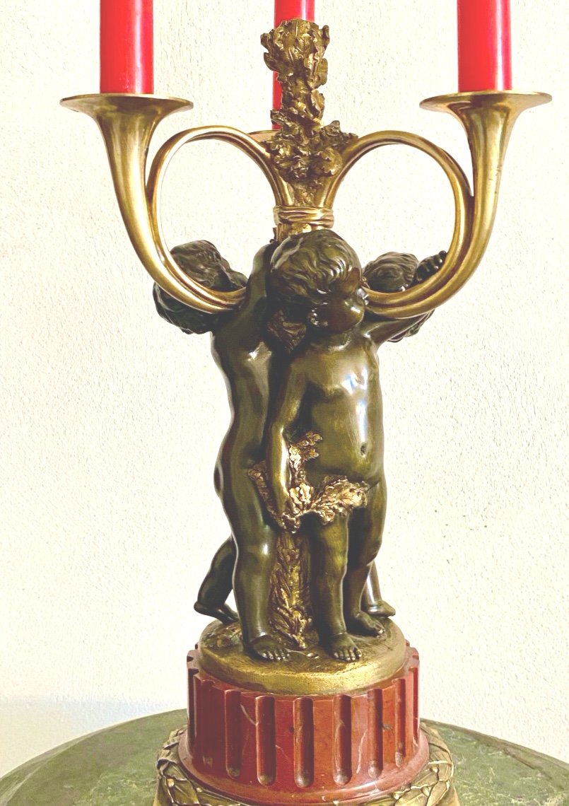 Flambeau   De 3 Putti & Corps De Chasse  Bronze   19 Eme     H: 36 Cm   Style  Lxvi -photo-2