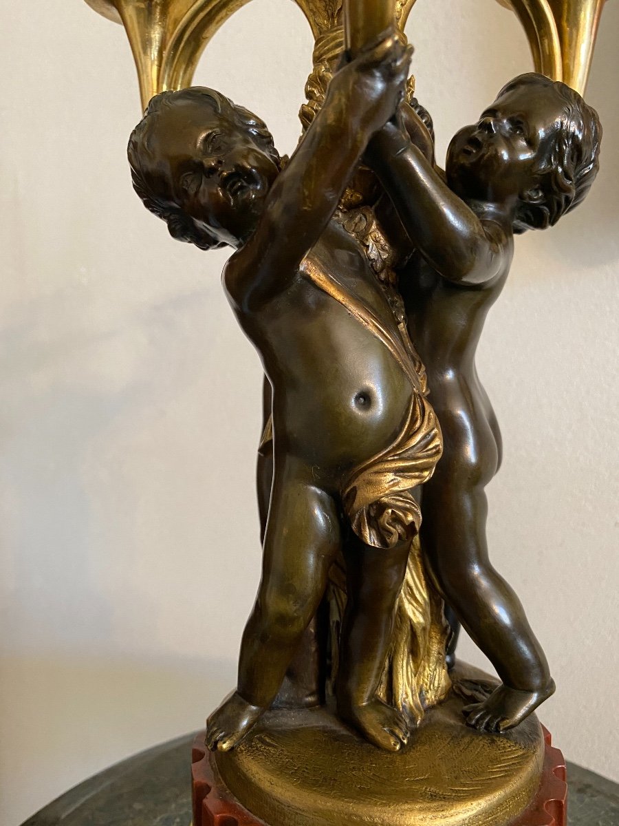 Flambeau   De 3 Putti & Corps De Chasse  Bronze   19 Eme     H: 36 Cm   Style  Lxvi -photo-1