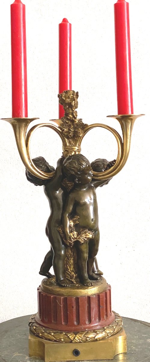 Flambeau   De 3 Putti & Corps De Chasse  Bronze   19 Eme     H: 36 Cm   Style  Lxvi -photo-3