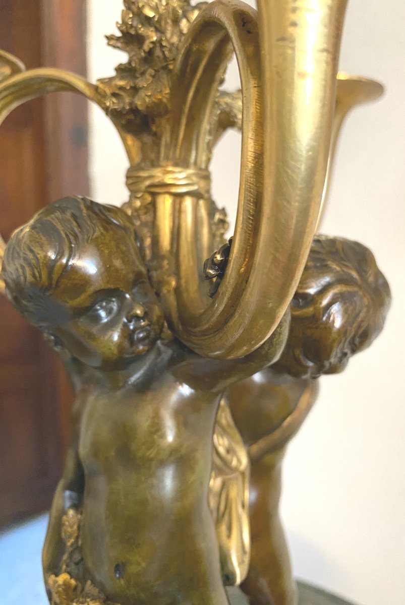 Flambeau   De 3 Putti & Corps De Chasse  Bronze   19 Eme     H: 36 Cm   Style  Lxvi -photo-4