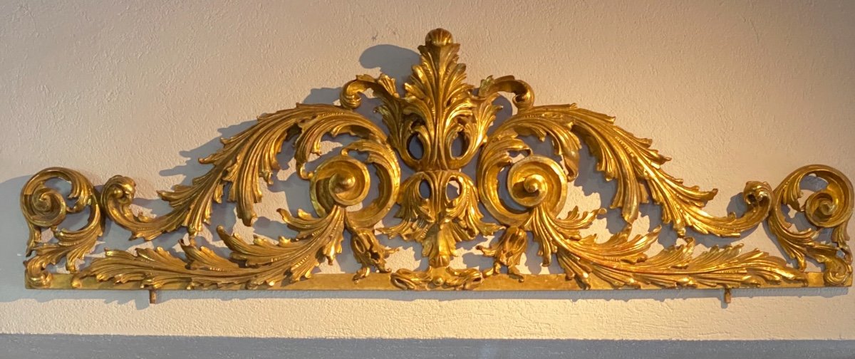 Rocaille Sculptures Of Fronton In Golden Wood Gold Leaf 18th Century Venice 180 Cm-photo-2