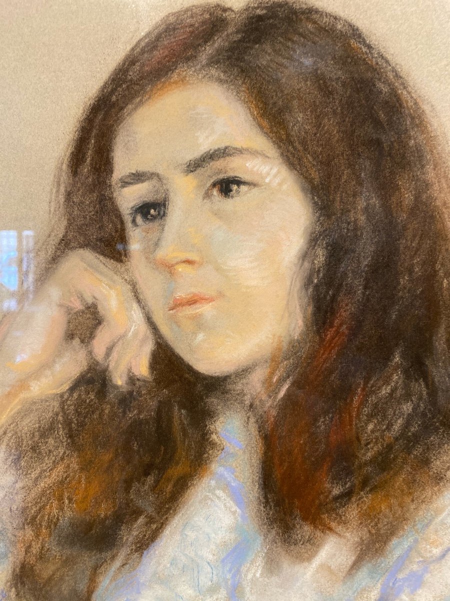 Pastel Portrait Of A Pensive Young Woman Signed At Bottom Right-photo-5