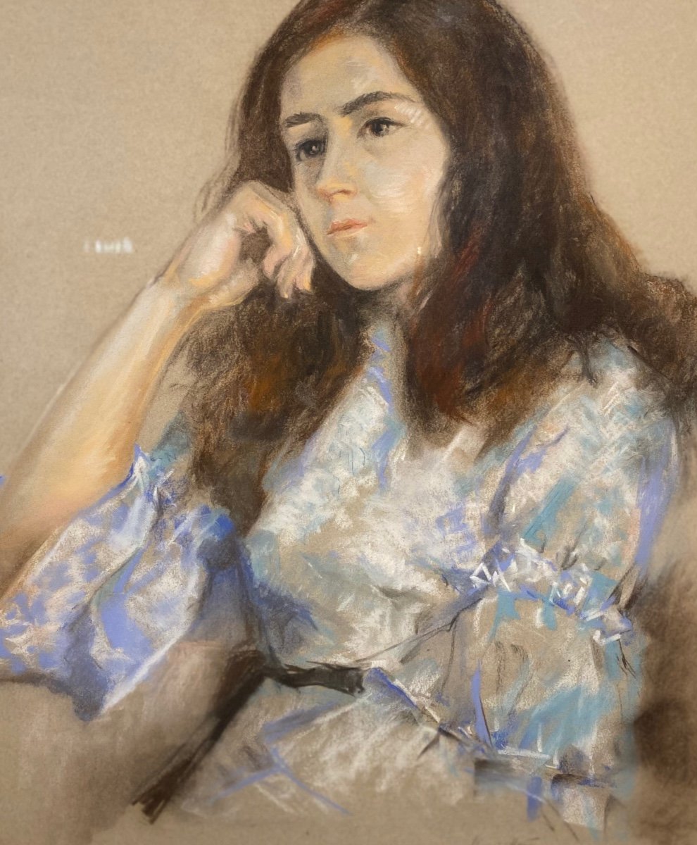 Pastel Portrait Of A Pensive Young Woman Signed At Bottom Right-photo-6