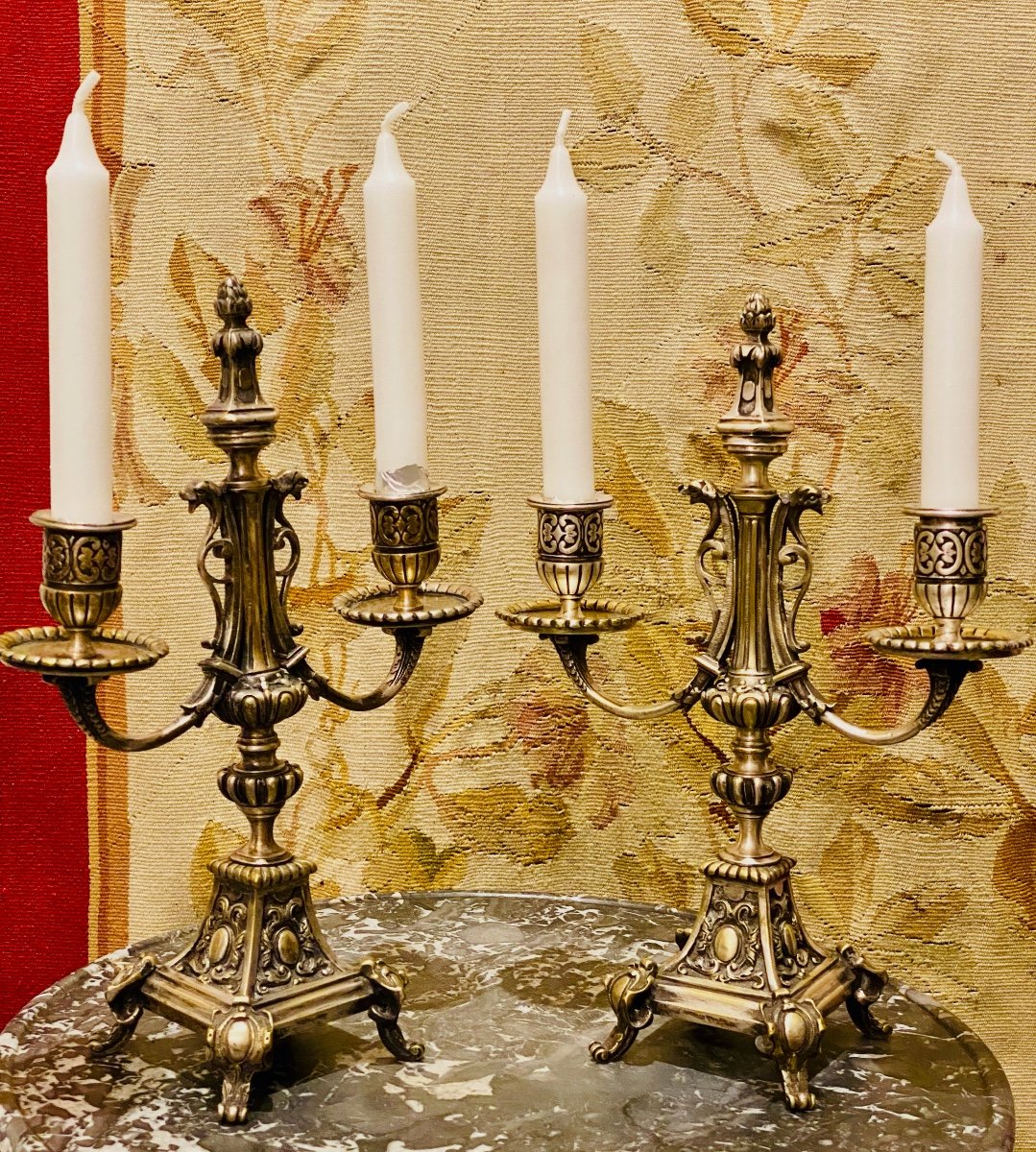 Pair Of Candlesticks In Silver Bronze    Second Half Of The 19 Th Century     Renaissance Style-photo-2