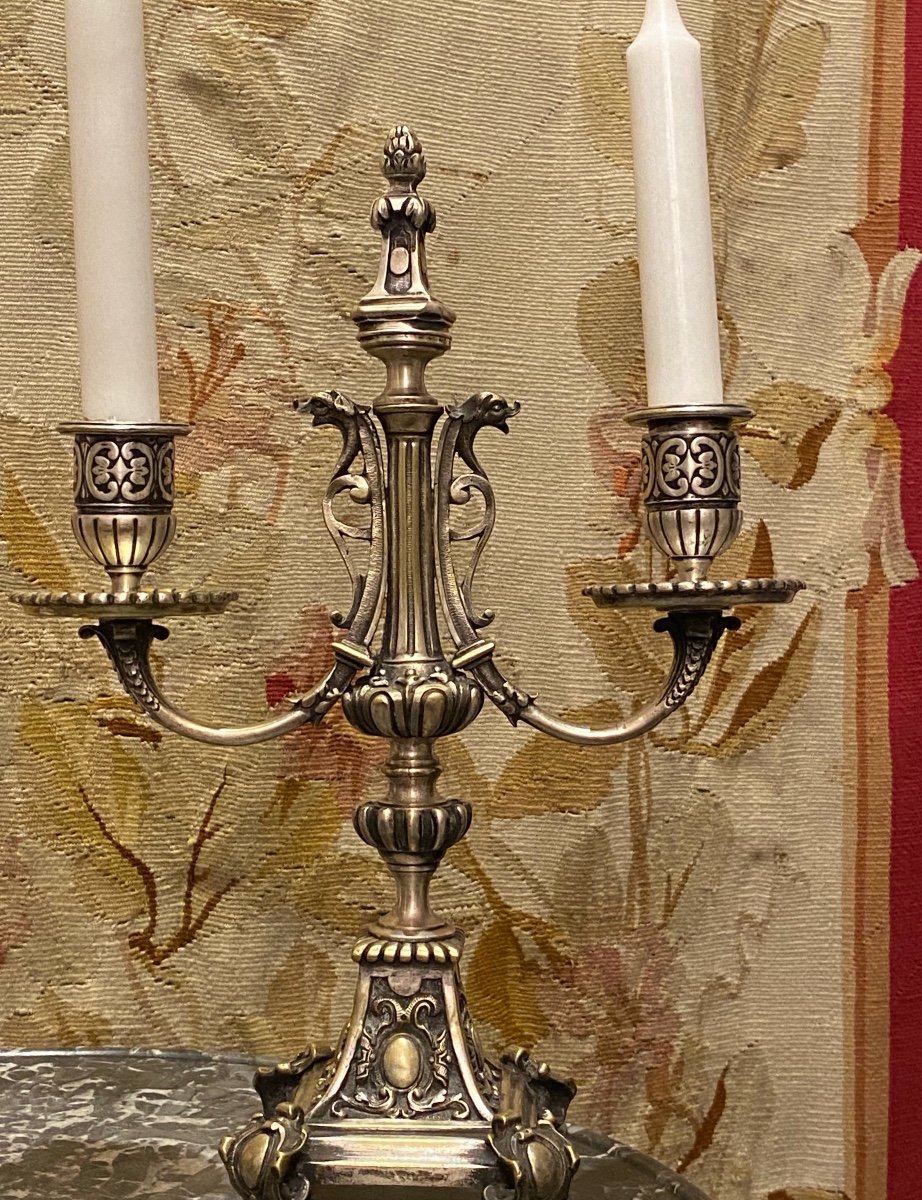 Pair Of Candlesticks In Silver Bronze    Second Half Of The 19 Th Century     Renaissance Style-photo-3