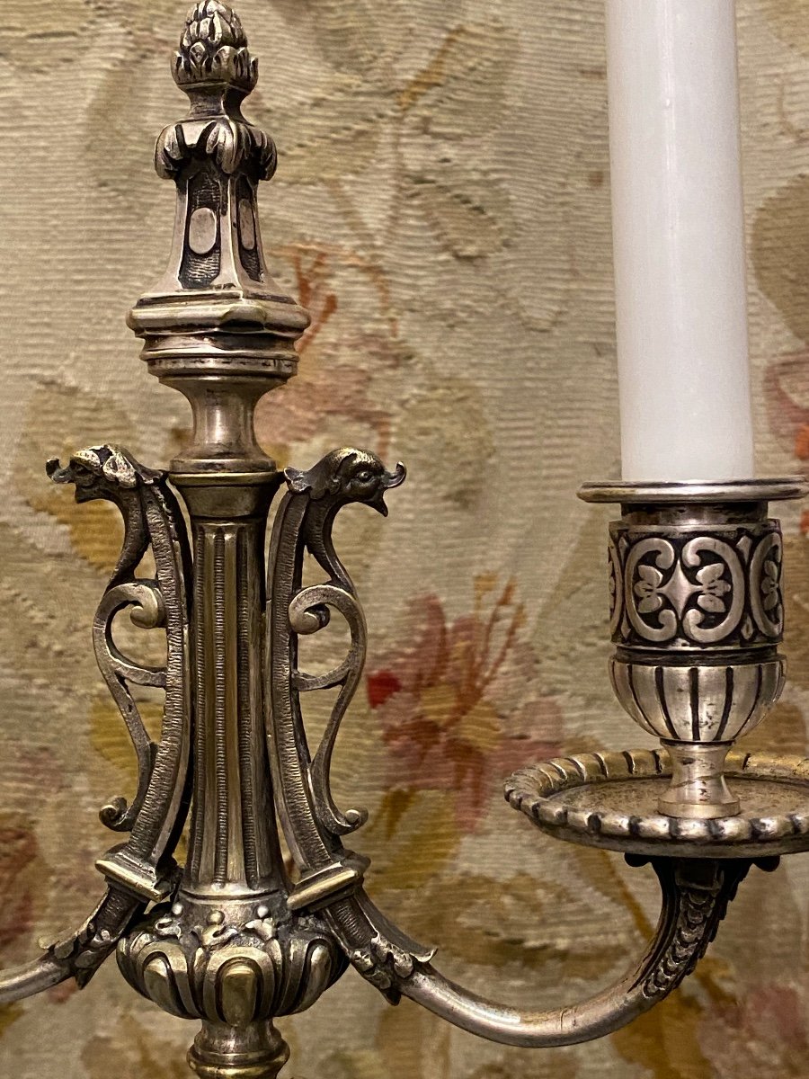 Pair Of Candlesticks In Silver Bronze    Second Half Of The 19 Th Century     Renaissance Style-photo-4