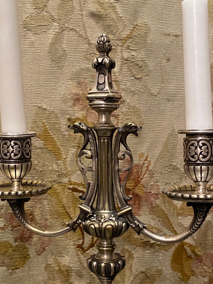 Pair Of Candlesticks In Silver Bronze    Second Half Of The 19 Th Century     Renaissance Style-photo-1