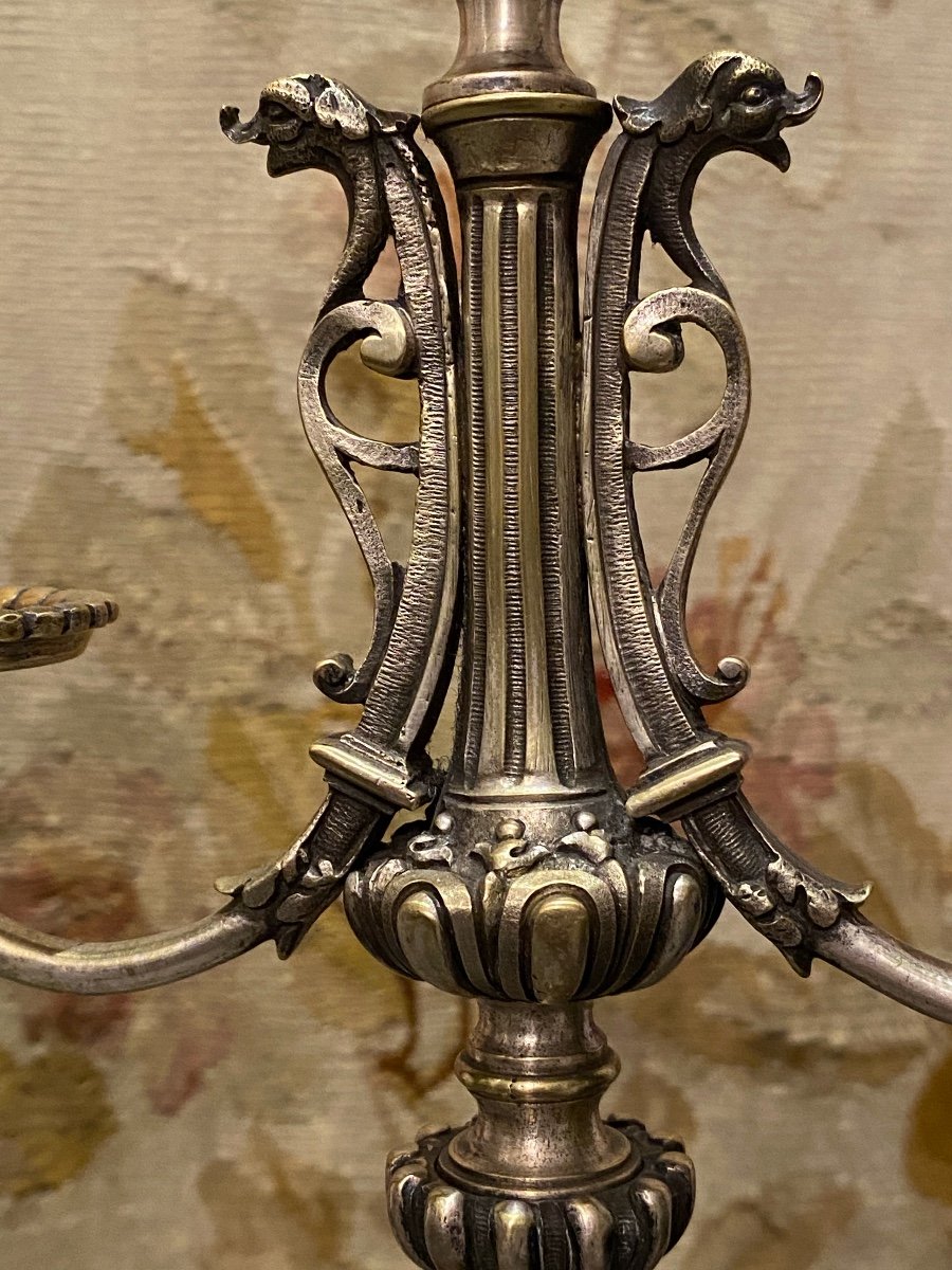 Pair Of Candlesticks In Silver Bronze    Second Half Of The 19 Th Century     Renaissance Style-photo-2