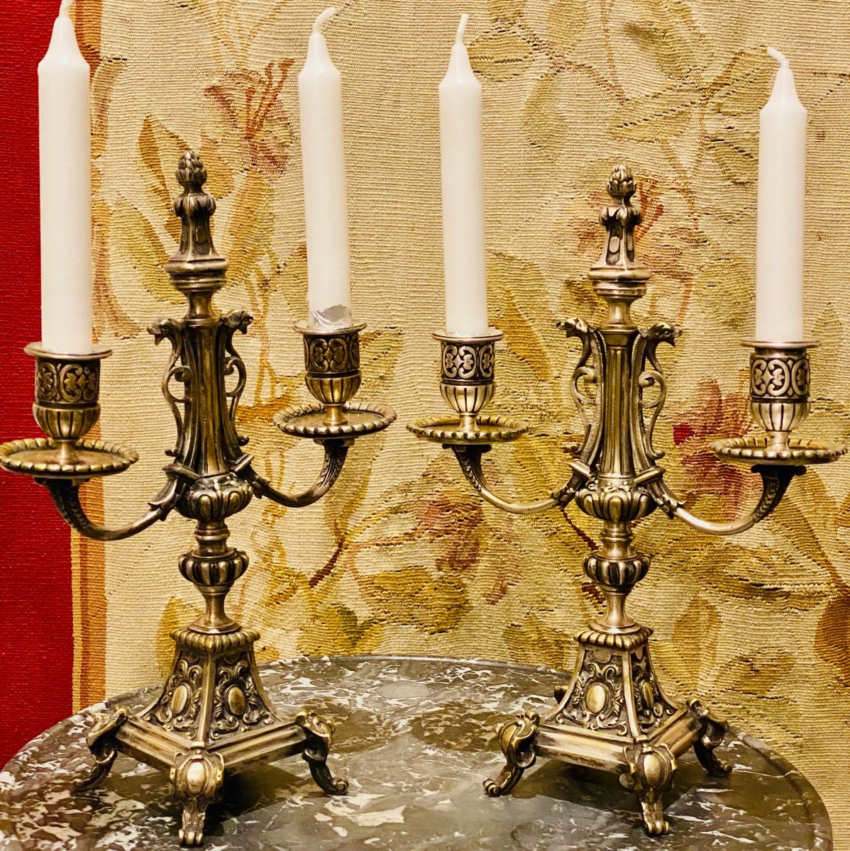 Pair Of Candlesticks In Silver Bronze    Second Half Of The 19 Th Century     Renaissance Style-photo-3