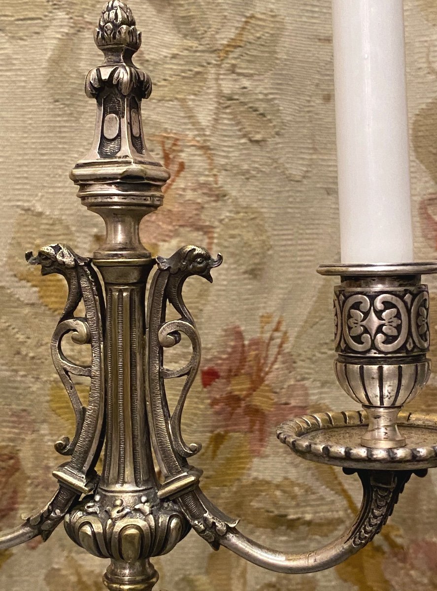 Pair Of Candlesticks In Silver Bronze    Second Half Of The 19 Th Century     Renaissance Style-photo-4