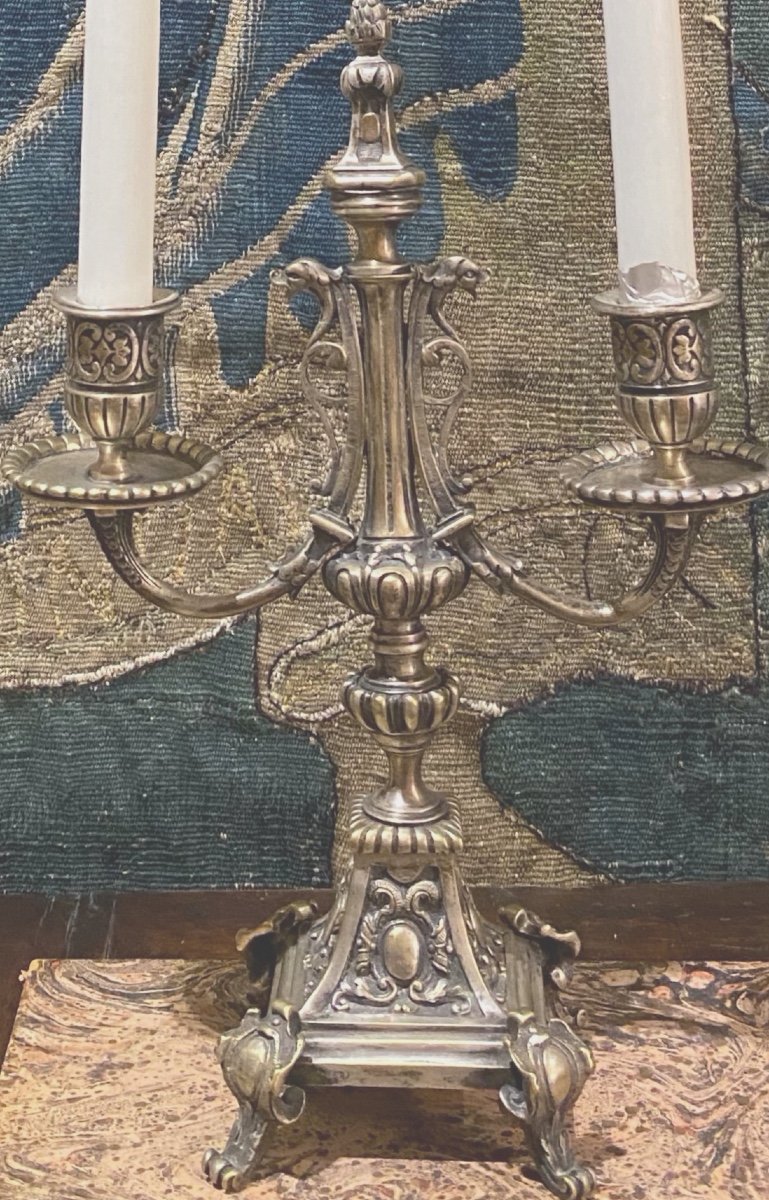 Pair Of Candlesticks In Silver Bronze    Second Half Of The 19 Th Century     Renaissance Style-photo-5