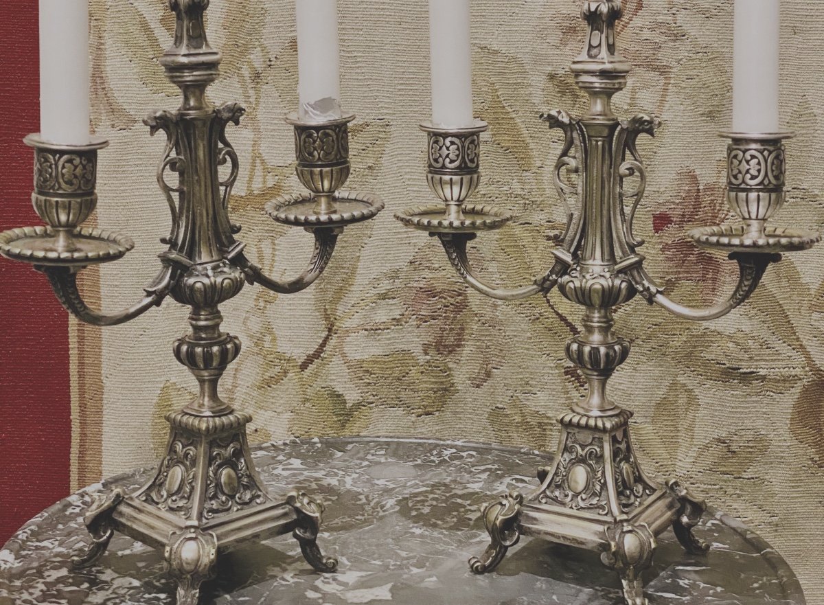 Pair Of Candlesticks In Silver Bronze    Second Half Of The 19 Th Century     Renaissance Style-photo-7