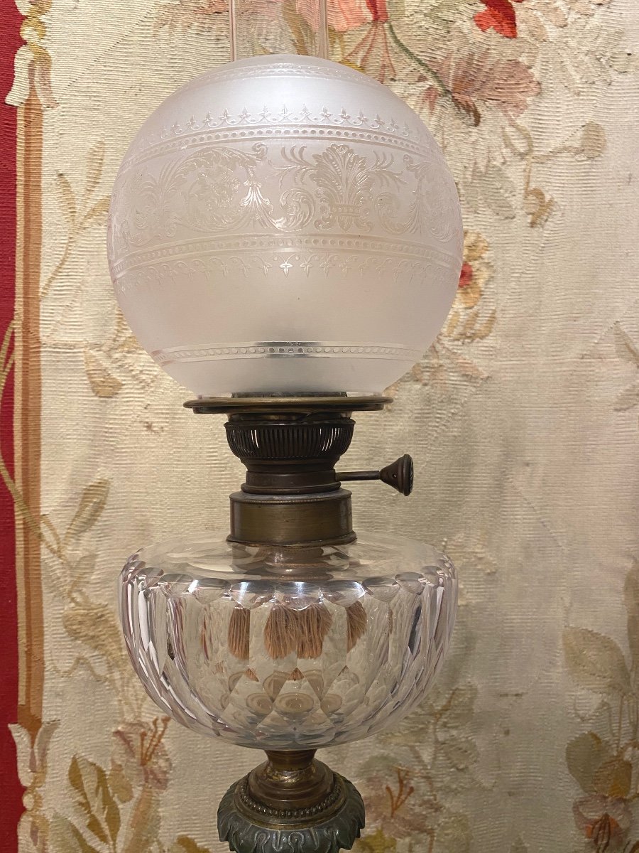   Grande  Lampe À Petrole    Époque  Napoleon III   Vasque En Crystal De Baccarat-photo-2