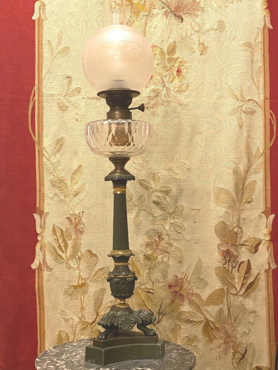   Grande  Lampe À Petrole    Époque  Napoleon III   Vasque En Crystal De Baccarat