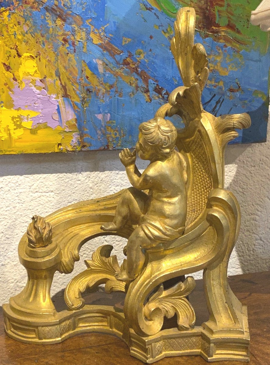 Chenet En Bronze DorÉ  À DÉcor d'Un Putti  Epoque  XVIII   ème