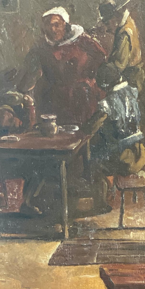 Scene De Taverne  école   Hollandaise   Suiveur De Adriaen Brouwer  Hst Réentoilée  -photo-1