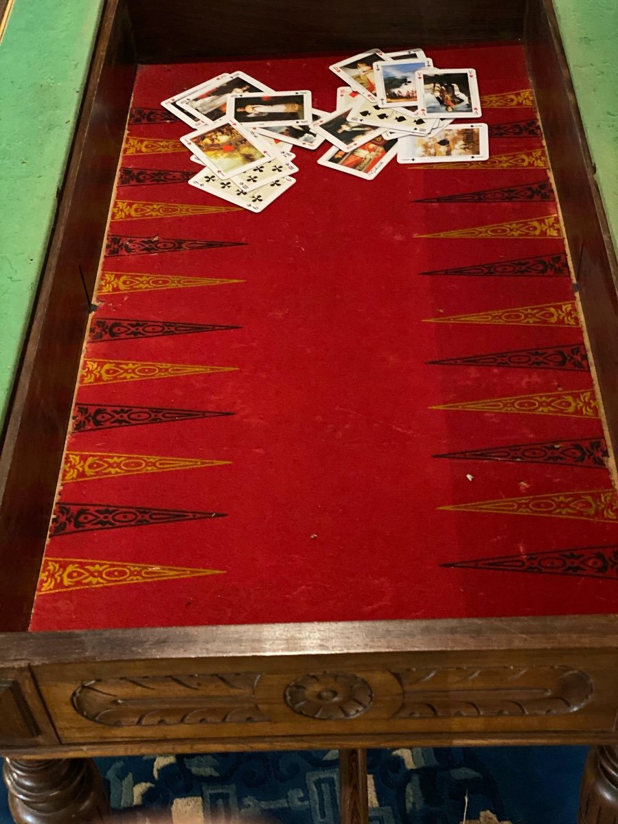 Table à Jeux XIX  éme en Palissandre  Avec  Echecs,backgammon ,dames, Tapis De Roulettes Carte-photo-4