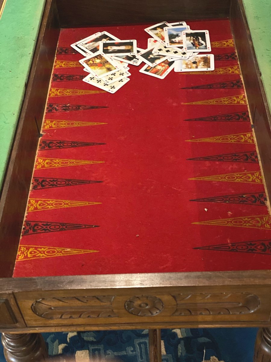 Table à Jeux XIX  éme en Palissandre  Avec  Echecs,backgammon ,dames, Tapis De Roulettes Carte-photo-6