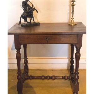 17th Century Table In Mahogany On Baluster Feet With A Key Locking Drawer