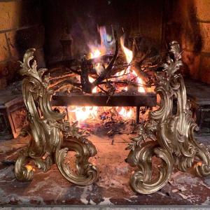 Pair Of Andirons In Gilt Bronze Rocaille Style XIX With Support