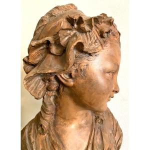 Sculpture  Terre Cuite  Portrait  XVIII  ème De Jeune Paysanne  Signé  Greuze  Illisible  Paris