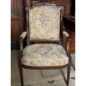 Pair Of Queen Armchairs Upholstered With Damask Fabric Decorated With Roses Napoleon III Period