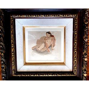 Expressionist Watercolor Drawing Nude Woman Leaning Half-seated On One Arm Signed