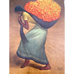 Young Merchant Woman Bent Under The Weight Of Her Flowery Burden By Luis Amendolla Mexican