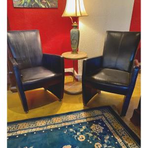 Pair Of Modern Design Armchairs In Black Moiré Leather With Reclining Back On Wheels 