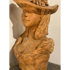 Terracotta Sculpture Of A Young Girl With A Flowered Hat In The Style Of Renoir-guino