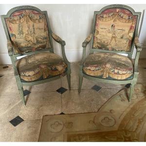 Pair Of Louis XVI Period Armchairs Stamped By Sené, Upholstered In Aubusson Tapestry