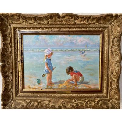 Les Enfants   à  la plage     Tableau  Par   Jean   Alleroux   Dans Un Cadre En Bois Sculpté 