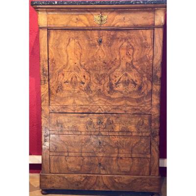 Secretaire   Louis Philippe    A Abattant En Loupe  De  Noyer Couvert Marbre De St. Anne