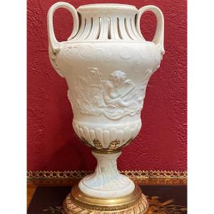 Bisque De Sevres Porcelain Vase On Foot Orche In Bronze 19th