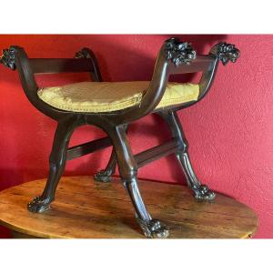 Mahogany  Curule Seat Directoire Period Decorated With Sculptures Of Lions Heads And Griffins Feet