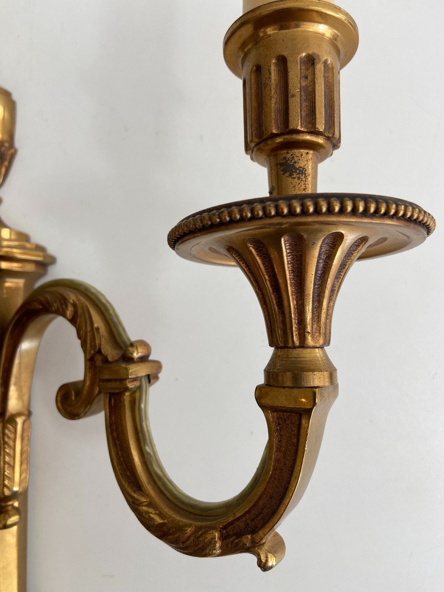 Pair Of Louis The 16th Style 3 Arms Bronze Wall Lights. French Work By Lucien Gau. Circa 1950-photo-6